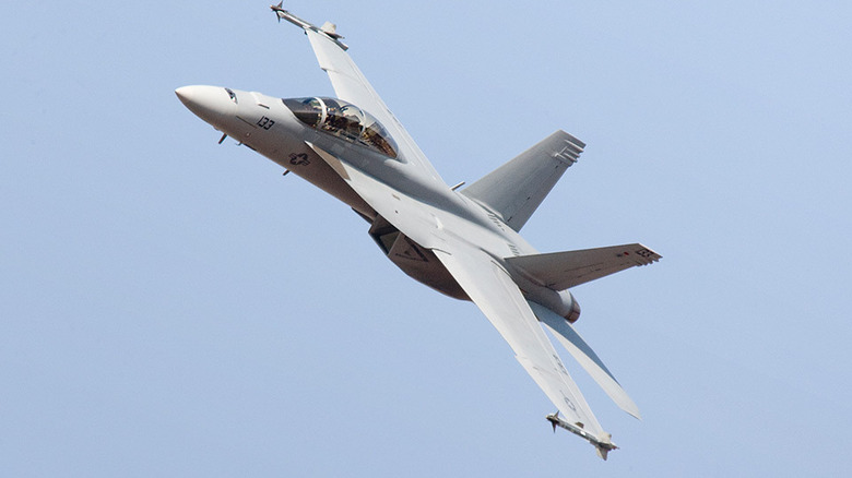 The Boeing F-18 Super Hornet taking a turn during an approach.