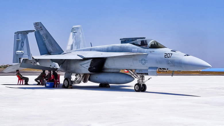 The F-18 Super Hornet on display at an air show in Bangalore, India.