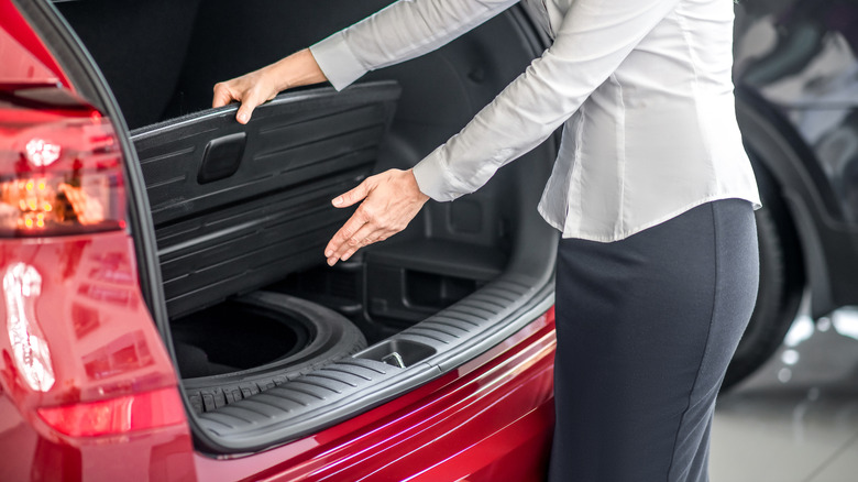 Person point to spare tire in wheel well