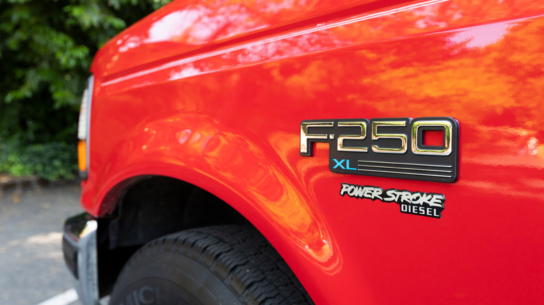 A closeup of Ford F-250 XL with a PowerStroke Diesel badge