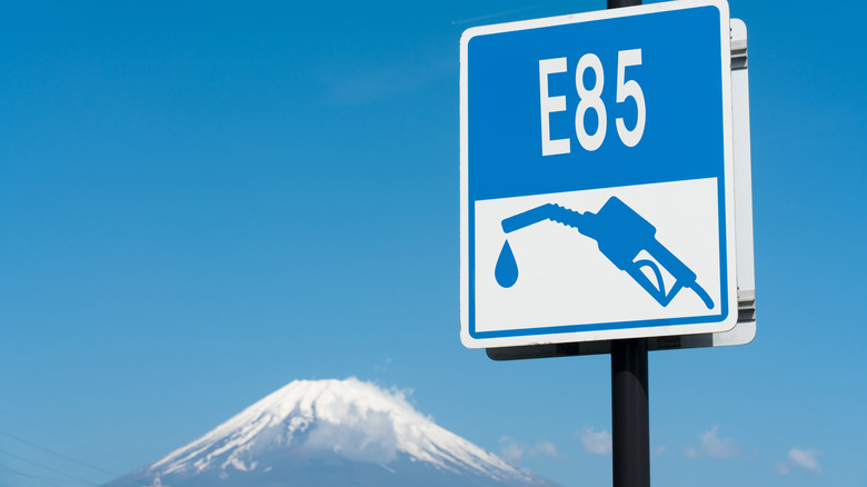 E85 fuel sign with Mount Fuji in background.
