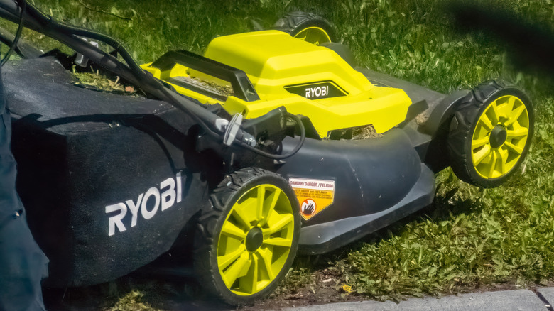 A Ryobi lawn mower on grass