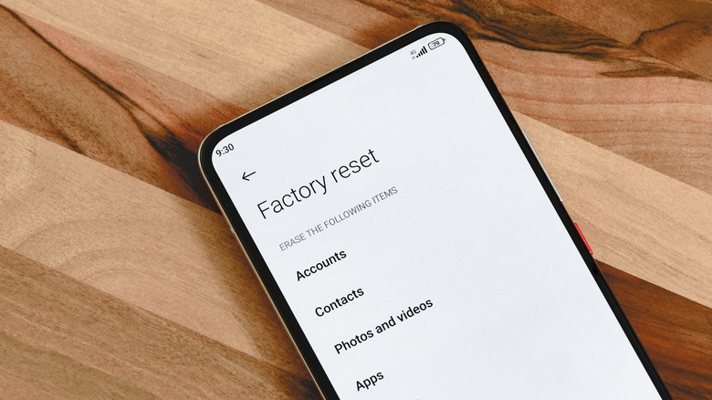 Factory reset menu on Android