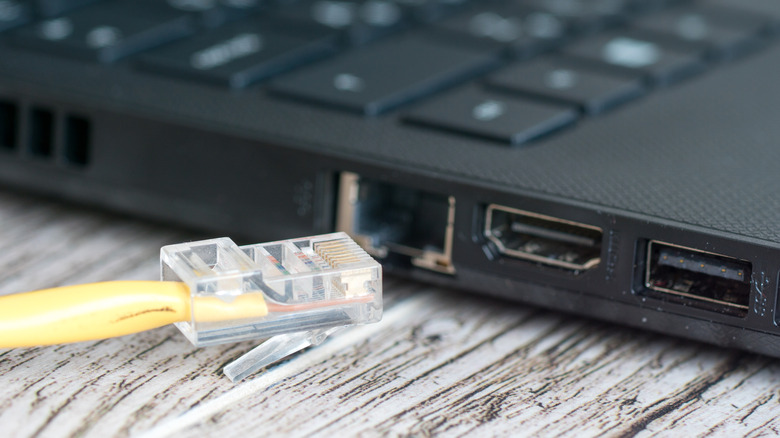 Close up an Ethernet cable next to a laptop Ethernet port.