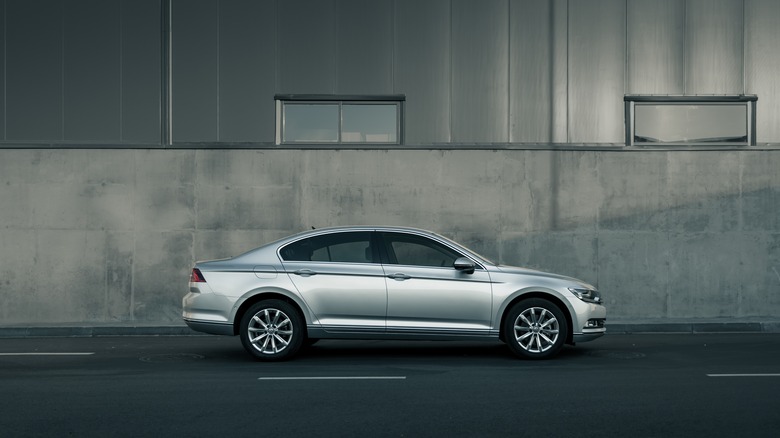 The side profile of the B8 VW Passat in silver