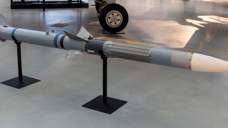 An AIM-120 AMRAAM missile on display.