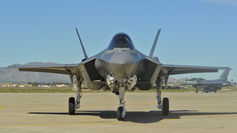 Head on view of F-35 Lightning II on runway