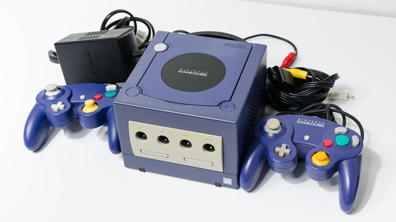 Product shot of Nintendo GameCube with two controllers