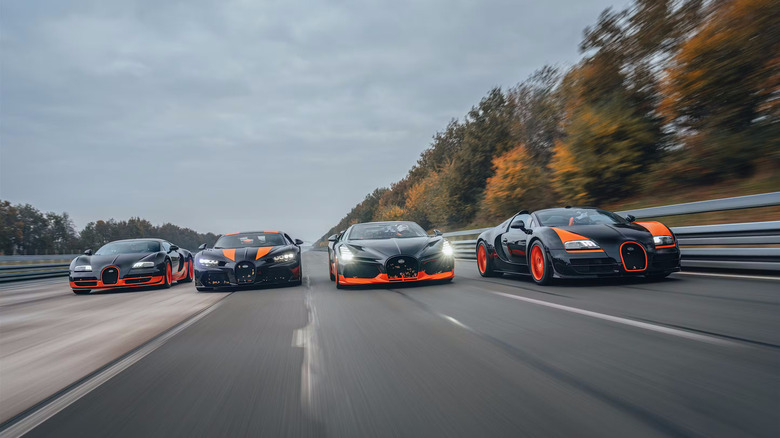 Bugatti Veyron, Chiron Super Sport 300+, Mistral, and the Veyron Grand Sport Vitesse side by side on test track