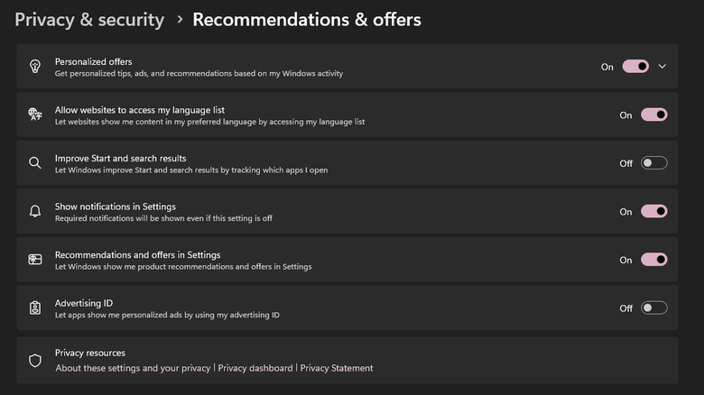 Windows 11 Privacy & security menu showing Recommendations & offers