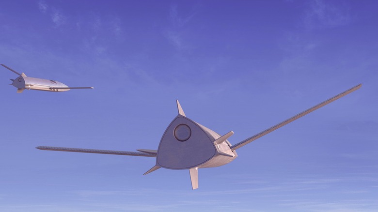 An artist's rendering of two General Atomics Long Range Maneuvering Projectiles (LRMPs) in flight