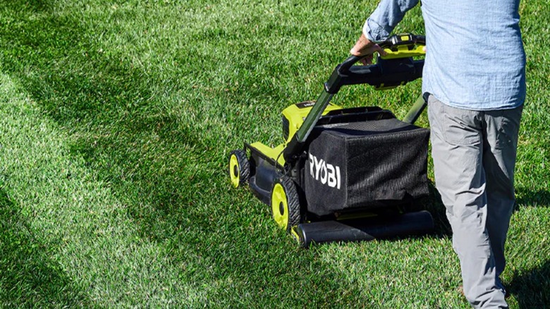 Striping a lawn with a Ryobi mower and Lawn Mower Striper