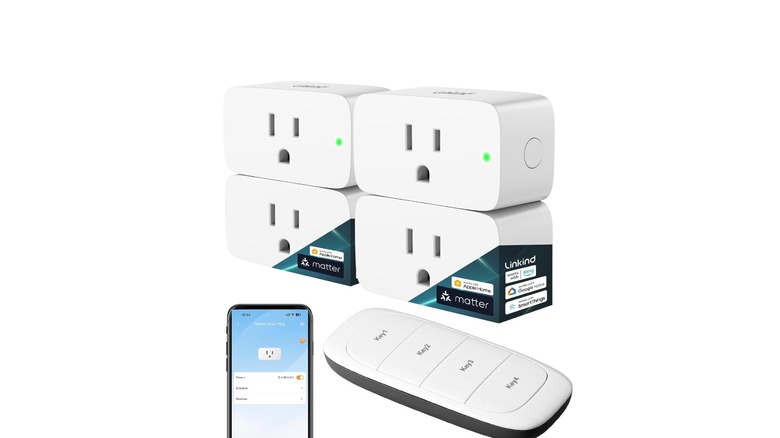 Linkind Matter Smart Plug with Remote, white background, mockup of a smartphone displaying the app