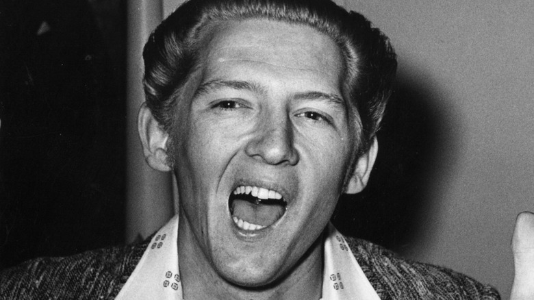 Black and white close-up of Jerry Lee Lewis