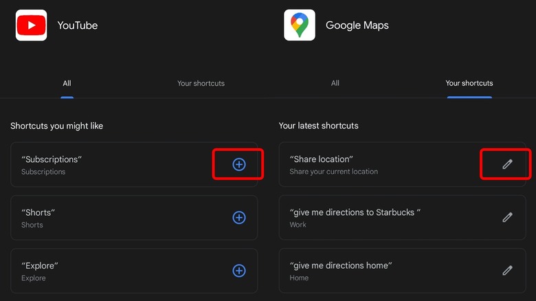 Google Assistant Shortcuts menu screenshots