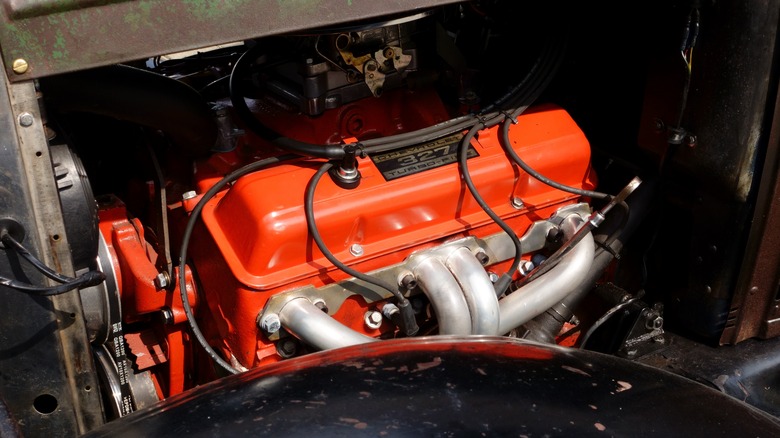 Chevrolet 327 engine in an engine bay