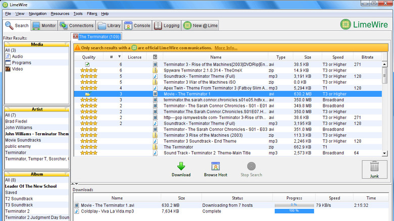 Sample LimeWire window via Wikipedia