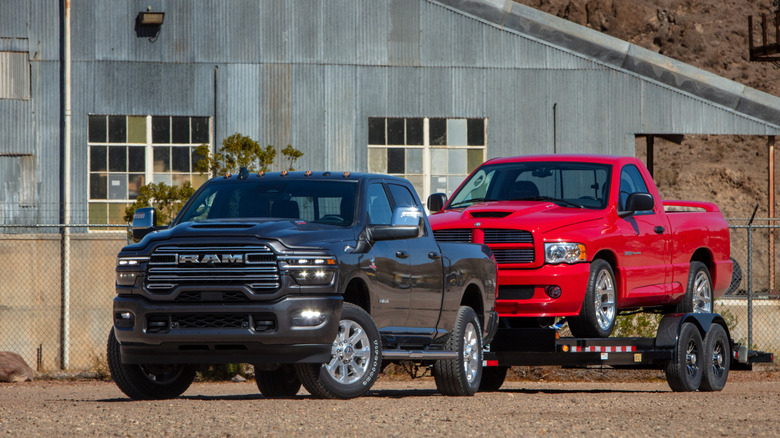 Ram 2500 parked with an SRT-10 muscle truck on a trailer