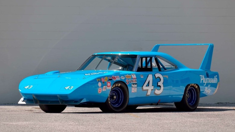 The light blue #43 1970 Plymouth Superbird driven by Richard Petty