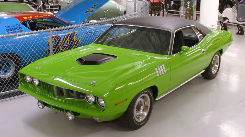 Green 1971 Plymouth Hemi Cuda on display