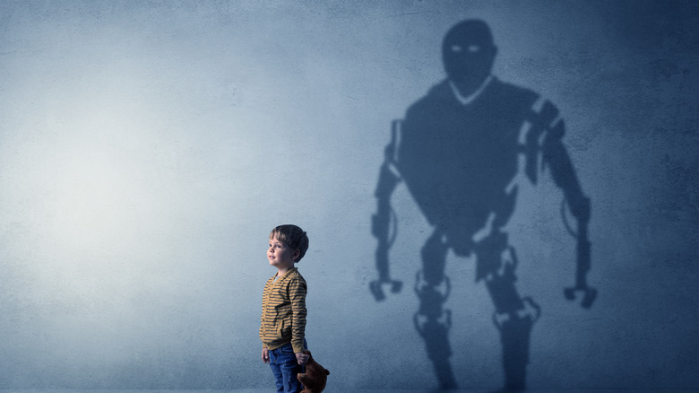 robot machine shadow child teddy bear