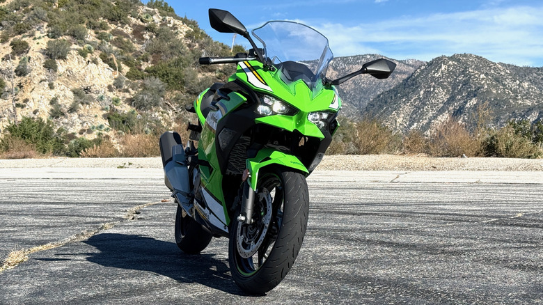 Kawasaki Ninja 500 parked in the mountains