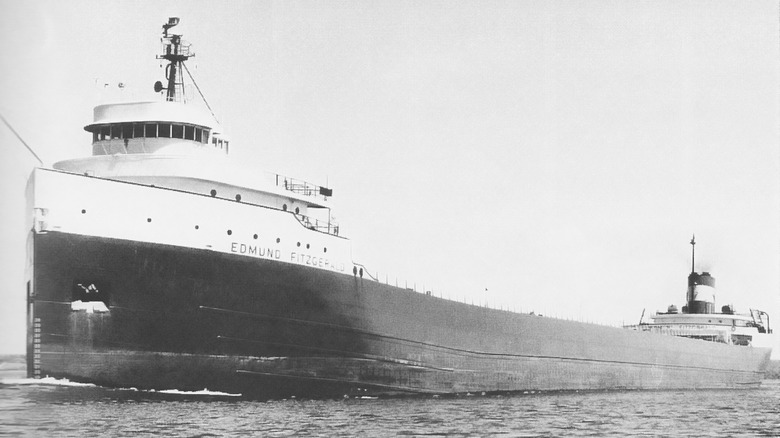 Black and white photo of the SS Edmund Fitzgerald underway.