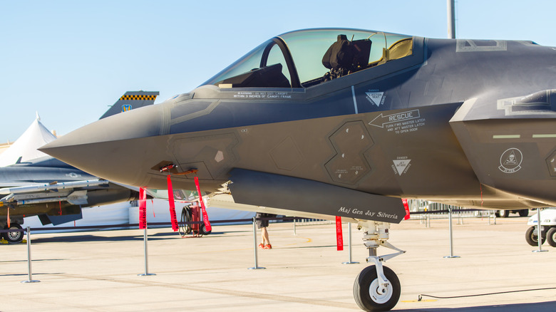 A close-up of an F-35 on display at Aviation Nation at Nellis AFB on a sunny day