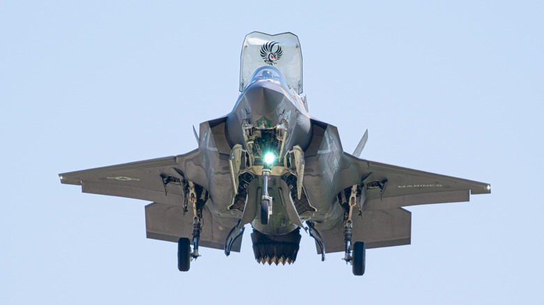 An F-35B fighter jet hovering in the gloomy sky