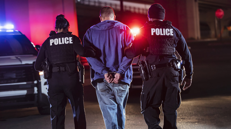 Rear view of two police officers walking while holding arms of handcuffed suspect