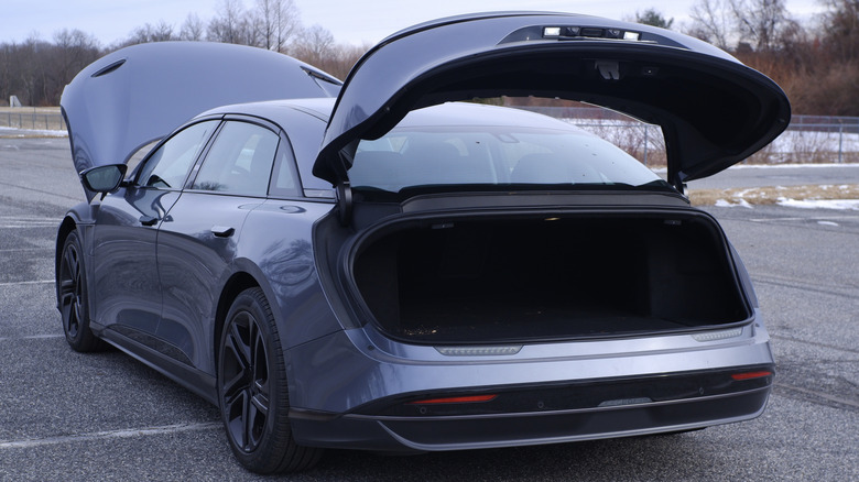 Lucid Air 3/4 view with trunk and hood open