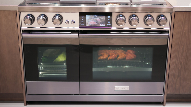 Double-oven Dacor range with food cooking in each oven