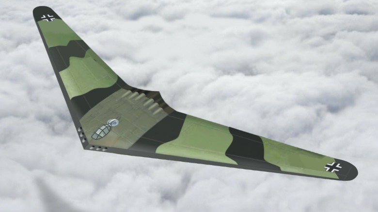 Concept art of the Horten H.XVIII flying wing over cloudy skies