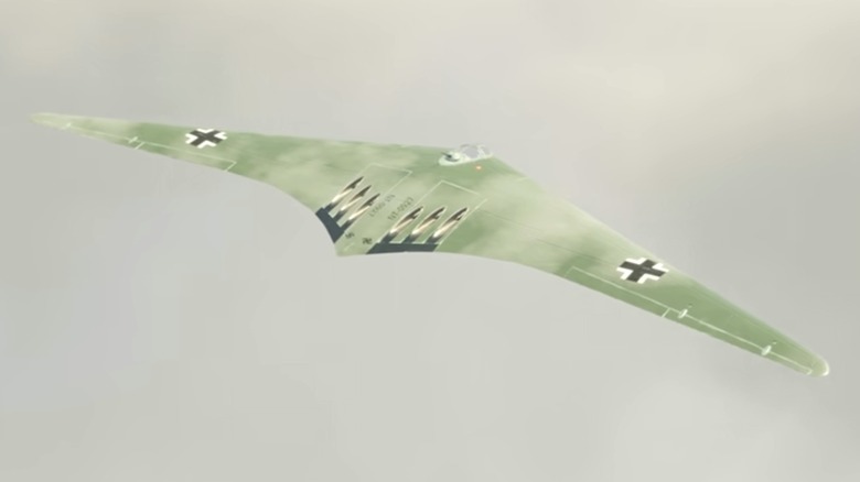An artist's digital rendering of the Horten H.XVIII flying over grey clouds