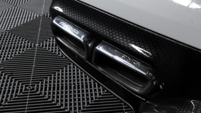 The chrome exhaust tips on a 2016 Mercedes Benz C63 AMG Edition 1 W205 coupe