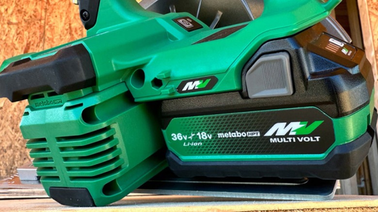 A Metabo HPT Multivolt battery pack in a tool