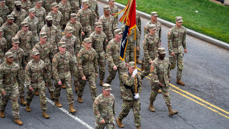 American soldiers parading on a street
