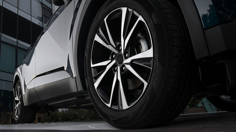 Close up of a front wheel and tire