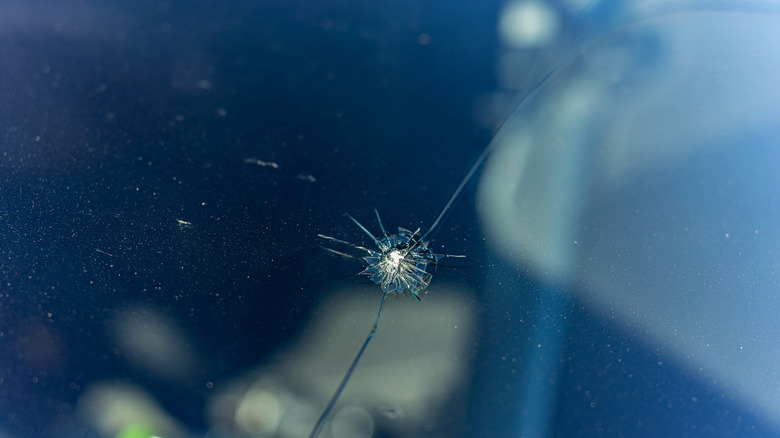 Windshield with cracks sustained from stone chipping