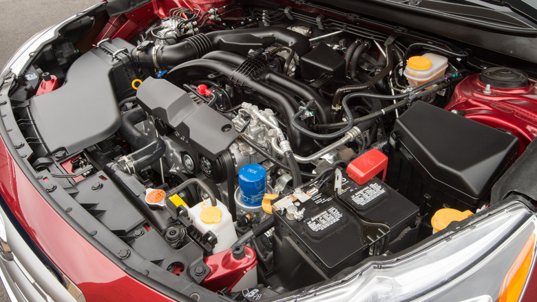 Shot of a red 2015 Subaru Outback engine bay