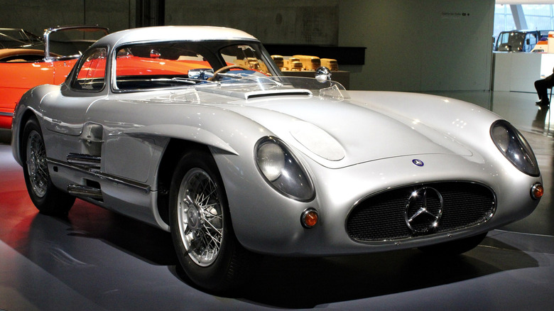 Mercedes-Benz 1955 300 SLR Uhlenhaut-Coupe in the Mercedes-Benz Museum sitting in Stuttgart, Germany.