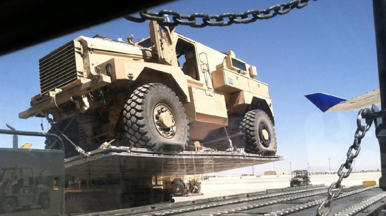 MRAP vehicle loaded onto a flight