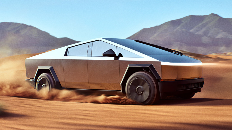 Front 3/4 view of Tesla Cybertruck in desert setting