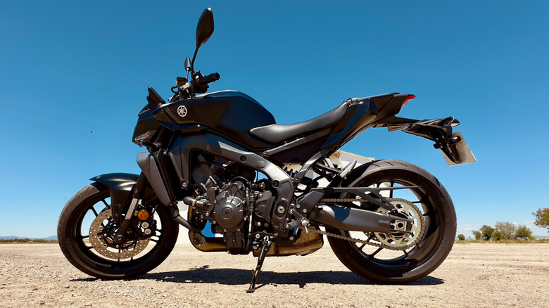 Profile shot of a Yamaha MT-09 similar to one used in John Wick film.