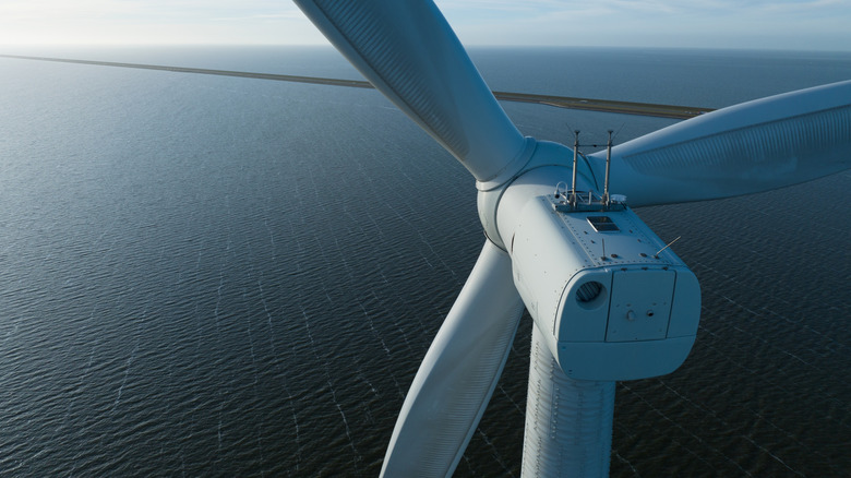 A close up view of an offshore wind turbine in the Netherlands.