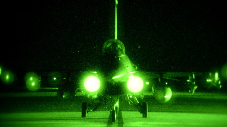 Night vision view of a 177th Fighter Wing F-16 on the runway