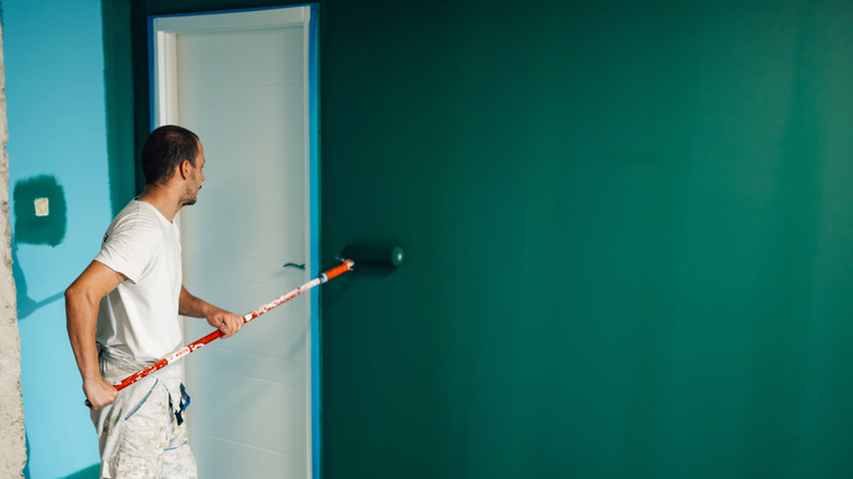 A homeowner painting his hoe's interior wall green with a roller ttached to an extension pole