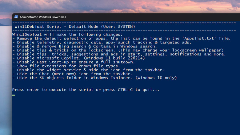 Using Win11Debloat Default Mode in Windows 11
