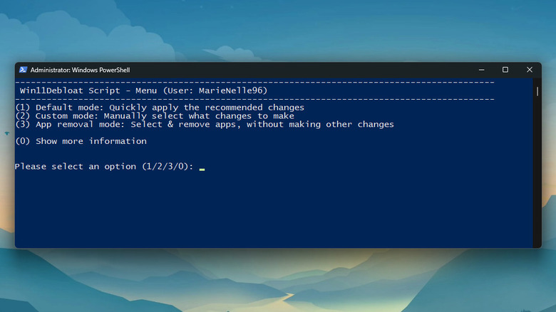 Windows 11 running Win11Debloat script menu in PowerShell