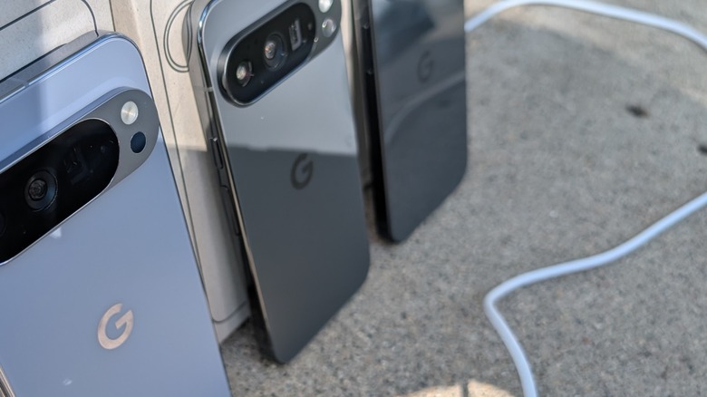 Google Pixel 10 devices with white cord.